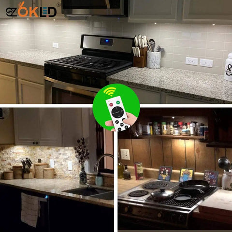 Under Cabinet Lighting Kit With 20 LED Stick On Lights Remote Control Dimmable Brightness Warm White Cool White And Mixed Color 5 Pack installed in kitchen