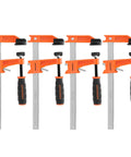 Image of 4 orange and black steel F clamps from the 6 Inch Bar Clamp Set 4 Pack Steel F Clamp Light Duty 300 Lbs Load Capacity For Woodworking Metalworking And DIY Projects Grip Tight Hold Strong Bond Right Every Time.