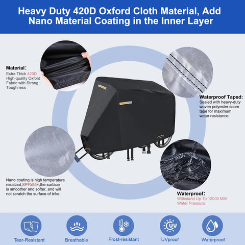 Heavy Duty Tricycle Cover For Adult Trike Waterproof Outdoor Bike Cover With 420D Fabric Nano Coating Scratch Resistant SPF 85 Plus Double Needle Seams, waterproof taped seams