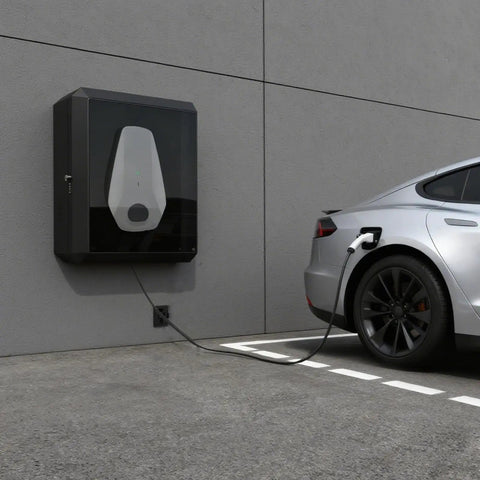 Hella Rugged EV Charger Enclosure For Tesla Wall Connector And Most Electric Cars Galvanized Steel Wall Box mounted on wall with car charging.