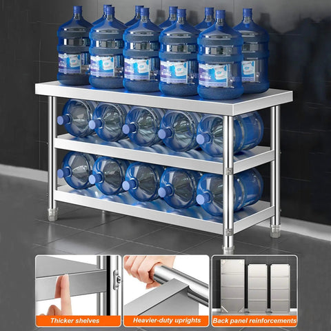 Beefy Stainless Steel Workbench With Three Tier Open Shelving And No Fuss Leveling Feet Built Tough Kitchen Prep Table Or Packing Station For Real Garage Workshop Days with water bottles on shelves.