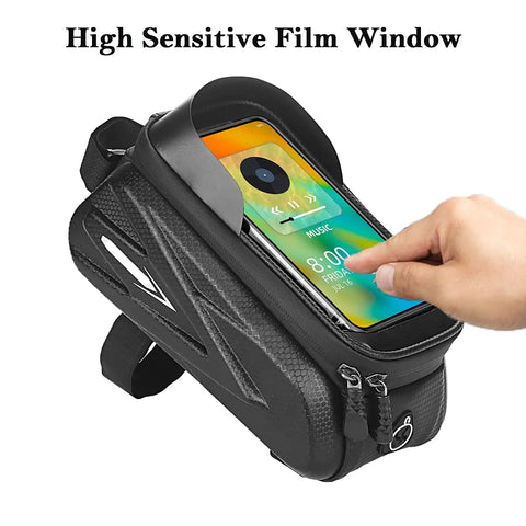 Bike Frame Bag With Touchscreen Phone Holder For Road And Mountain Bikes Large Capacity Cycling Storage Bag showing touchscreen use