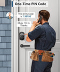 TEEHO TE001 matte black keyless entry door lock with keypad installed on front door, technician with tool belt nearby.