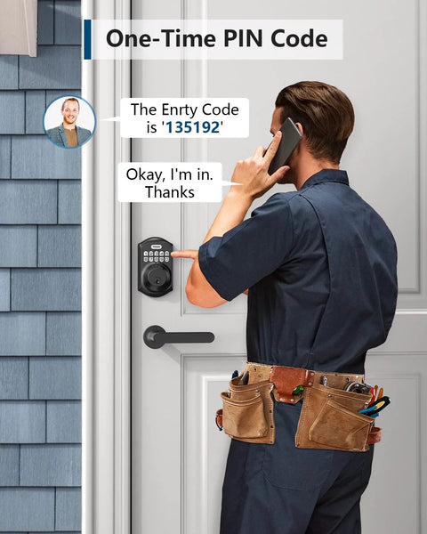 TEEHO TE001 matte black keyless entry door lock with keypad installed on front door, technician with tool belt nearby.