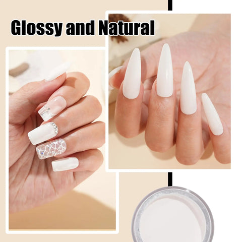 Milk White Nail Dip Powder applied for salon-quality manicures, showcasing glossy long nails in different styles.