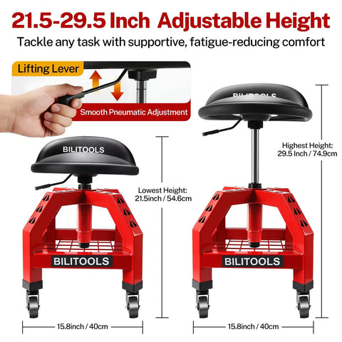 Adjustable Rolling Shop Stool With 360 Degree Swivel Padded Seat And Backrest Height Range From About Twenty One And A Half To About Twenty Nine And A Half Inches 330 Pound Weight Capacity Wheels And Tool Storage Shelf For Garage Workshop Auto Repair with smooth pneumatic adjustment and lifting lever visible.