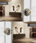 Old School Antique Brass Door Knobs With Camelot Trim, Privacy Interior Door Knob With Lock For Bath And Bedroom, Six Pack