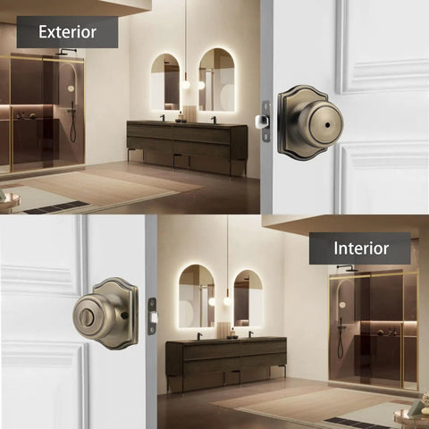Old School Antique Brass Door Knobs With Camelot Trim, Privacy Interior Door Knob With Lock For Bath And Bedroom, Six Pack
