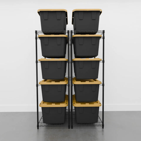 Heavy Duty Five Tier Steel Tote Rack Sized For Twenty Seven Gallon Bins Comes As A Double Pack Vertical Organizer Rock Solid Black Steel Frame Easy Setup Garage Basement Space Saver Game Changer Keeps Your Gear Neat And Accessible With No Sweat Ever