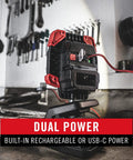 Back view of High-Output LED Work Light With 3900 Lumen Rechargeable Dual-Power Clamp on workbench