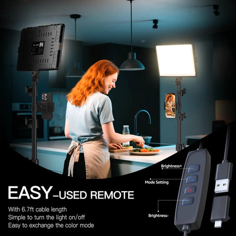 Woman cooking with 2 Pack LED Video Light Kit For Creators Dimmable Studio Lights 2800K To 6500K With 73 Inch Tripod Stand