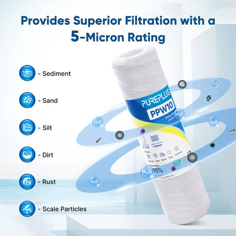 5 Micron Whole Home Sediment Filter Cartridge 10 Inch By 2.5 Inch Replacement For Universal 10 Inch RO Systems shown with filtration features
