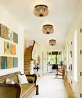 Three Light Woven Rattan Flush Mount Ceiling Light Fixture With Handwoven Cage Shade for hallway lighting