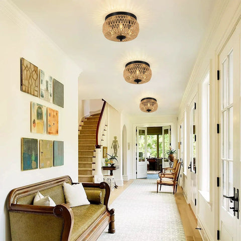 Three Light Woven Rattan Flush Mount Ceiling Light Fixture With Handwoven Cage Shade for hallway lighting