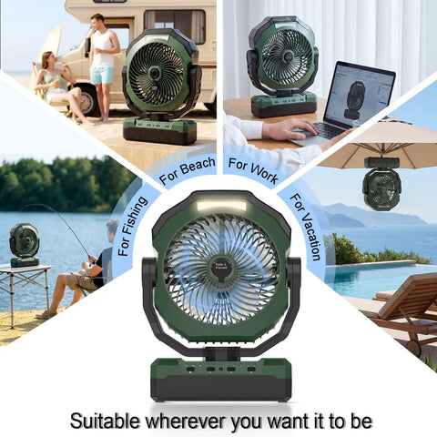 Beast Portable Misting Fan With 36000mAh Battery used for beach, fishing, work, on patio and vacation by poolside.