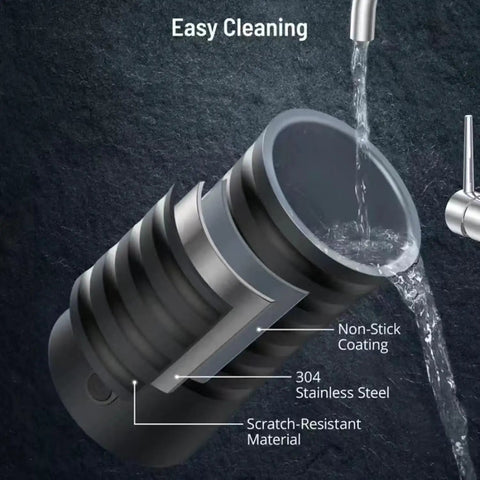 304 stainless steel milk frother part being rinsed under faucet, labeled non-stick coating and scratch-resistant material.
