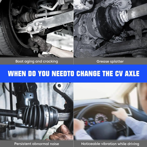 Chevy Silverado Suburban Tahoe Avalanche Front Left And Right CV Axle Shaft Pair For GMC Yukon XL 1500 Sierra 1500 Cadillac Escalade ESV 2007 To 2020 Driver And Passenger Side CV Joint Shaft showing boot cracks, grease splatter, and vibration signs