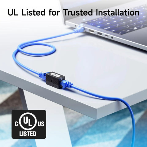 UL Listed 5 Pack Cat6 RJ45 Female To Female Couplers For High Speed Ethernet Extending Your Network 10Gbps Capable Black on desk
