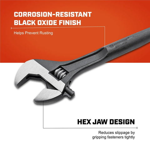 Adjustable 16 Inch Black Oxide Construction Wrench For Tight Spaces With Wide Mouth And Beefy Grip Workhorse AT215SPUD