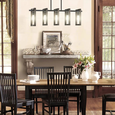 5 Light Rustic Farmhouse Pine Wood Hanging Kitchen Island Chandelier With Black Metal Frame illuminating dining room