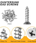 Close-up of 24 countersunk head screws, sharp tip, clear thread, cross recess; part of Stainless Steel Flat Brackets 6 Inch Set Of 4 With 24 Countersunk Screws For Furniture Repair And Fixing Corrosion Resistant Rustproof Metal Braces For Shelves Cabinets And Home Projects Ideal For DIY Home Improvement And Furniture Makeovers.
