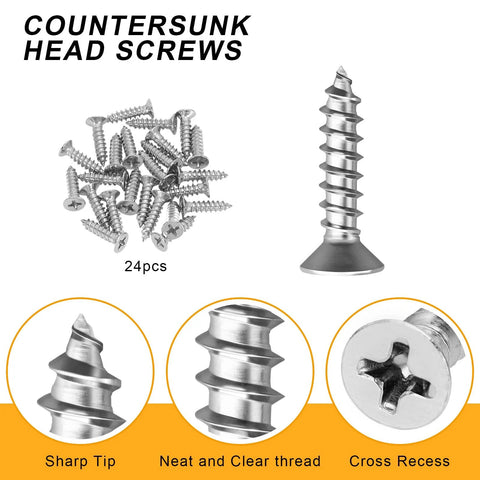 Close-up of 24 countersunk head screws, sharp tip, clear thread, cross recess; part of Stainless Steel Flat Brackets 6 Inch Set Of 4 With 24 Countersunk Screws For Furniture Repair And Fixing Corrosion Resistant Rustproof Metal Braces For Shelves Cabinets And Home Projects Ideal For DIY Home Improvement And Furniture Makeovers.