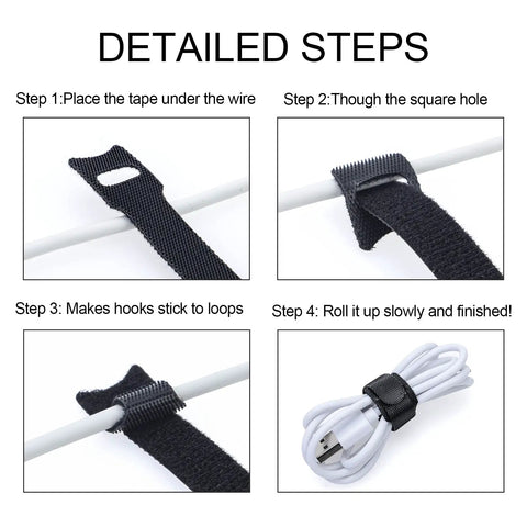 Steps to use 120 Pack Reusable 6 Inch Hook And Loop Cable Ties for easy cable management in home or office electronics setup.