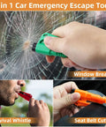3-in-1 car emergency escape tool set with green window breaker, orange seat belt cutter, and red survival whistle