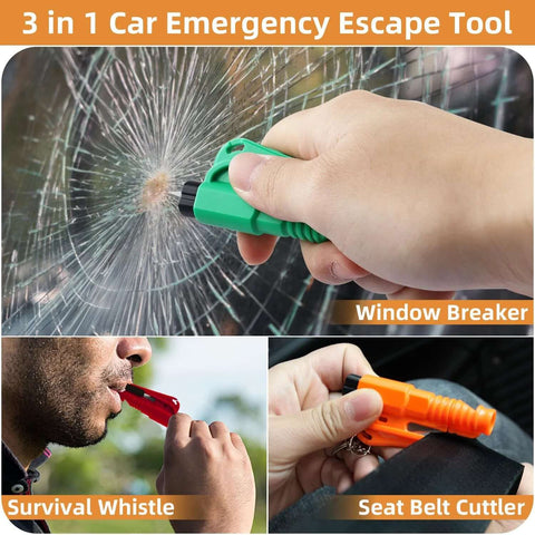 3-in-1 car emergency escape tool set with green window breaker, orange seat belt cutter, and red survival whistle
