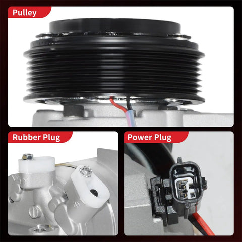 AC Compressor With Clutch For Nissan Maxima Murano Pathfinder Quest And Infiniti JX35 QX60 2008 To 2015 Road Ready showing pulley and power plug details.
