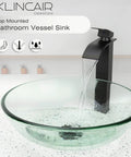 Vessel Sink Set With Tempered Glass Round 16.5 Inch Above Counter Basin Clear Finish Modern Hand Painted Pattern With Dope Sleek Matte Black Waterfall Faucet Pop Up Drain Included Premium Deco Glass Design