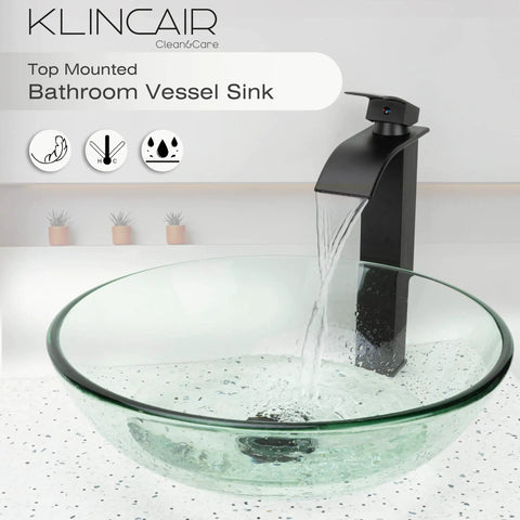 Vessel Sink Set With Tempered Glass Round 16.5 Inch Above Counter Basin Clear Finish Modern Hand Painted Pattern With Dope Sleek Matte Black Waterfall Faucet Pop Up Drain Included Premium Deco Glass Design