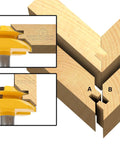 Top Tier Tungsten Carbide Lock Miter Router Bit For 45 Degree Interlocking Joints demonstrating cut profiles in wood.
