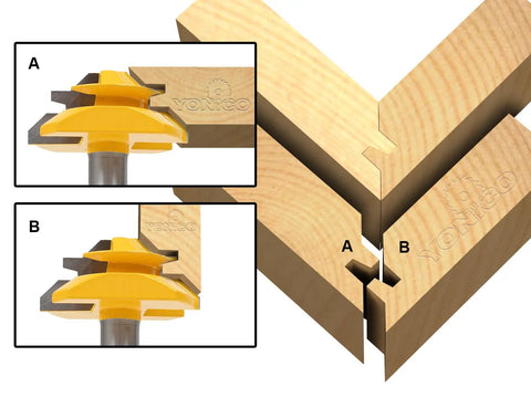 Top Tier Tungsten Carbide Lock Miter Router Bit For 45 Degree Interlocking Joints demonstrating cut profiles in wood.