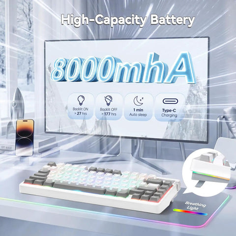 Tri Mode Wireless Mechanical Gaming Keyboard Hot Swap Linear Switches Bluetooth Two Point Four G And Usb C Eight Thousand Mah Battery High-capacity battery display.