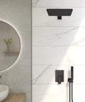Rain Shower Head With Handheld Spray For High Pressure Waterfall Flow, installed in modern bathroom with marble wall