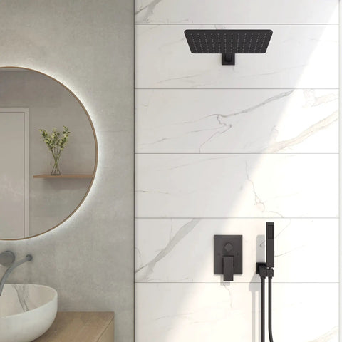 Rain Shower Head With Handheld Spray For High Pressure Waterfall Flow, installed in modern bathroom with marble wall