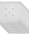 Eight Piece Galvanized Steel Furniture Leg Mounting Plates stacked flat, ideal for heavy duty DIY home improvement upgrades.