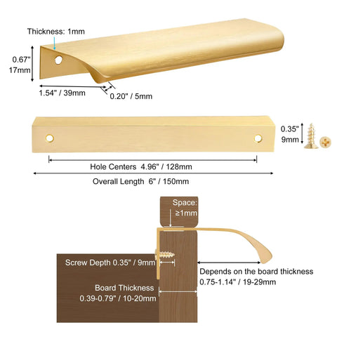 Six Inch Dark Gold Finger Pulls For Kitchen Cabinets And Drawers Aluminum Alloy Cupboard Handles Pack Of Ten detailed size and installation guide