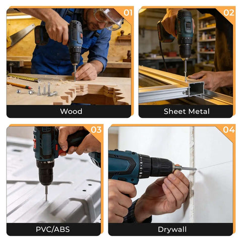 Image showing different uses for Heavy Duty Self Tapping Screws For Metal In 410 Stainless Steel with drills on various surfaces like wood and sheet metal.