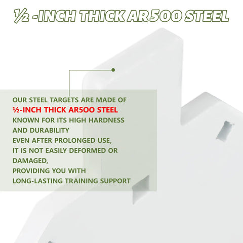 Close-up of heavy duty AR500 steel targets for shooting range torso silhouette target metal gong showing 1/2-inch thickness.
