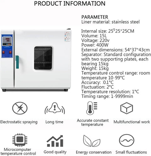 Smart Digital Lab Blast Drying Oven With Adjustable Fan Speed Constant Temperature Control Perfect For Electrothermal Incubation And Fast Thermostatic Heat Treatment Reliable Benchtop Heating Equipment For Science Projects, stainless steel, 15L, precise temperature control.