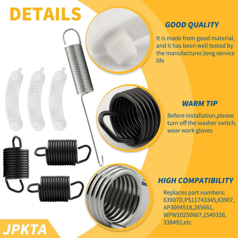 Heavy Duty Washing Machine Repair Kit With Suspension Springs Counterweight Pads And Tub Wear Pads DIY Friendly For Whirlpool Kenmore Washers Includes WP63907 W10250667 And 285744 Parts To Restore Drum Support And Quiet Spin., washer spring and pad set with metal springs and white pads for drum support