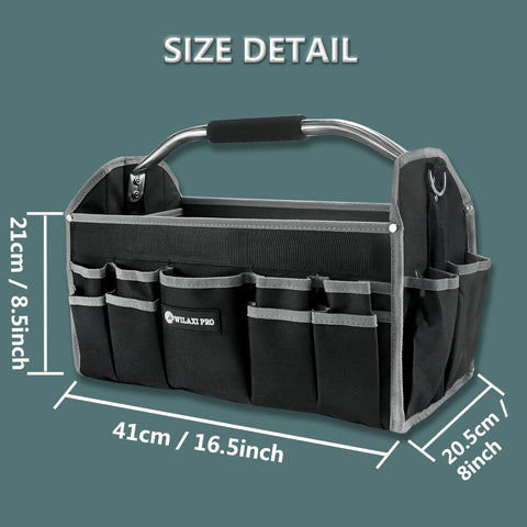 Built Tough 16 Inch Tool Bag For Men With Open Top Design Foldable Tool Tote Carrier Electrician Grade, size details shown