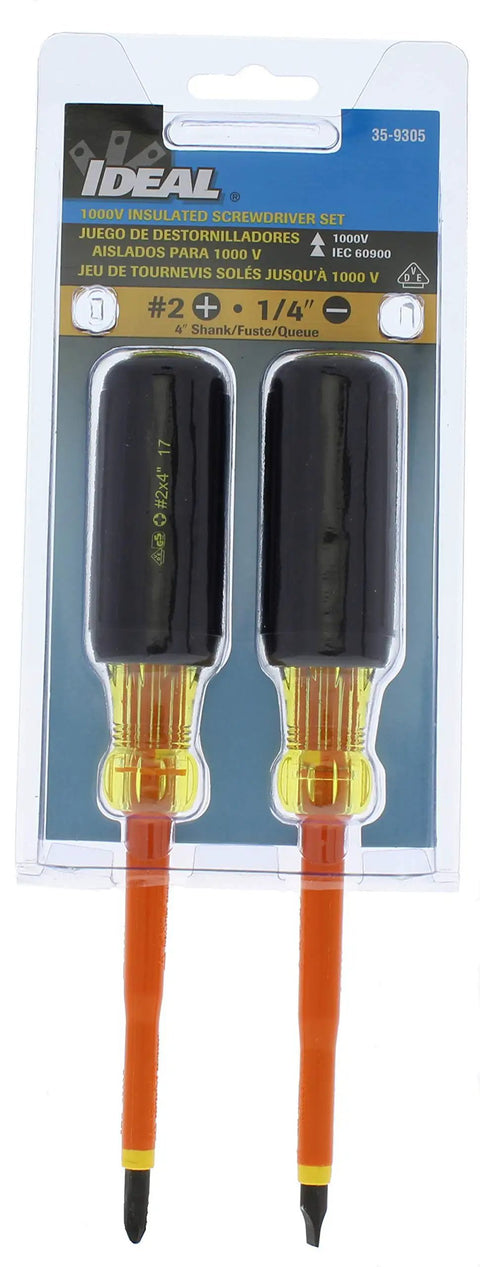 Top Shelf Insulated Screwdriver Set Two Piece Heavy Duty Voltage Rated Electrician Tools Featuring Four Inch Shafts and Rock Solid Cushion Grip Handles in packaging.