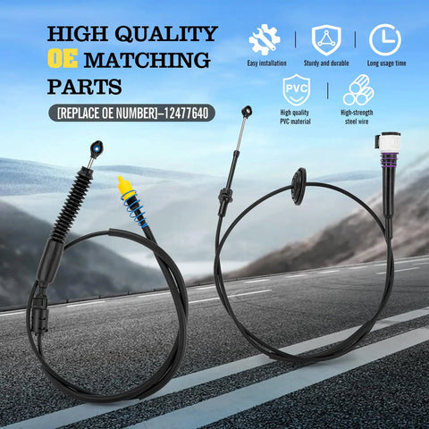 12477640 Gear Shift Cable Fits Chevy Silverado GMC Sierra 1500 2500 3500 Classic 1999 2007 Automatic Transmission Gearshift Cable Replacement 2 Pack Easy Install Durable displayed with high-quality PVC material and durable steel wire against a mountain road background.