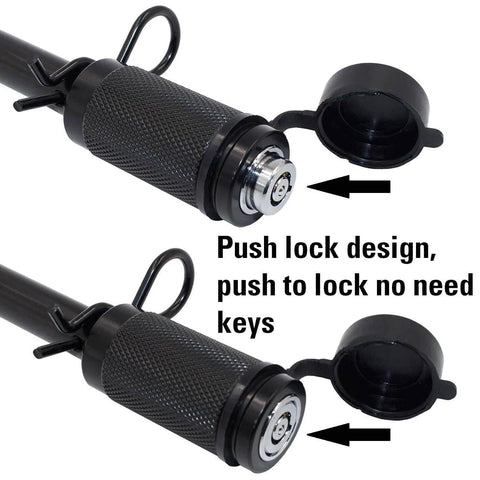 Close-up of push lock design on Keyed Alike Trailer Hitch Lock Set With Extra Long Five Eighth Inch Pin And Four And A Half Inch Span Double Safety Locking Pin For Three Inch Receivers And Adjustable Channel Mounts Three Pack