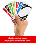 Hand holding colorful Total Kick Back Uno Card Game For Weekend Hangouts, featuring action and customizable cards.