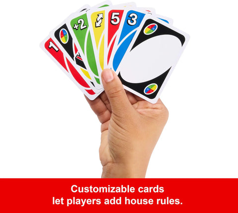 Hand holding colorful Total Kick Back Uno Card Game For Weekend Hangouts, featuring action and customizable cards.