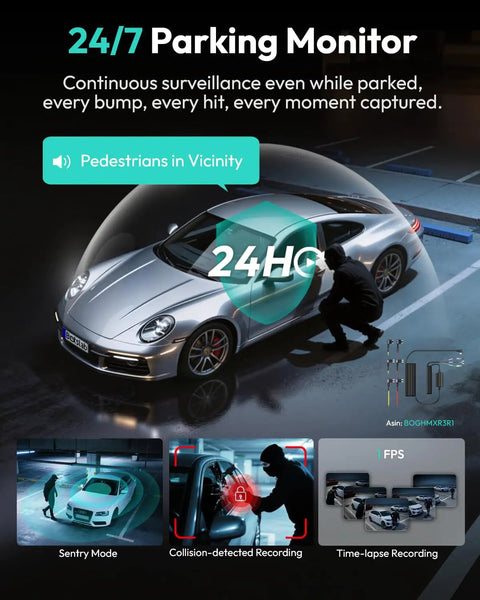 Crystal Clear 3K 4 Channel Dash Cam With 360 Degree All Sides View showing 24/7 parking monitor, car protection around vehicle image.
